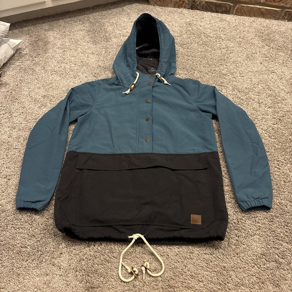 KAVU Men's 1/2 Zip Pullover Anorak Packable Jacket Blue Size Small Hooded Button